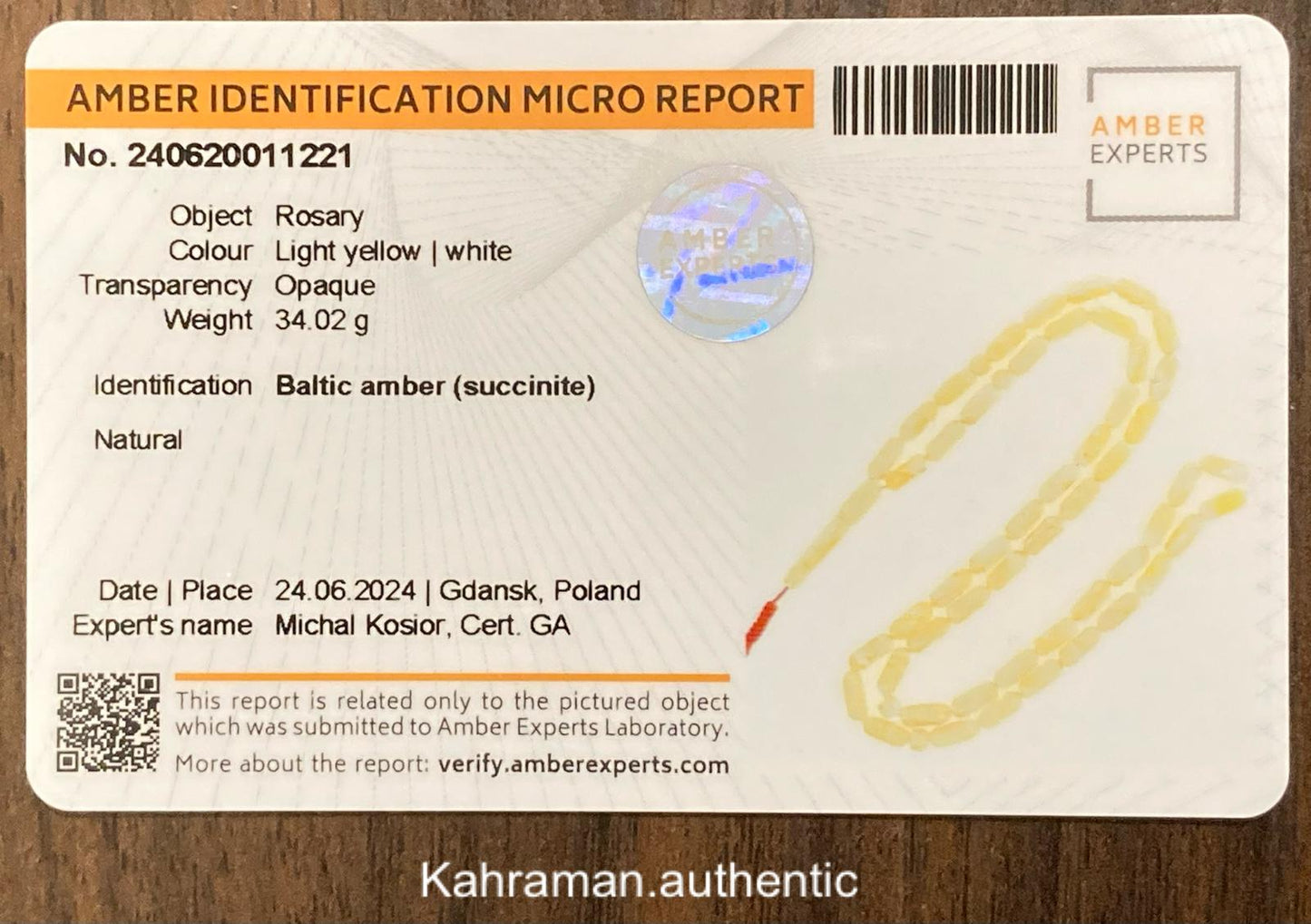 مسبحة كهرب ابيض جبسي موثقة بشهادة